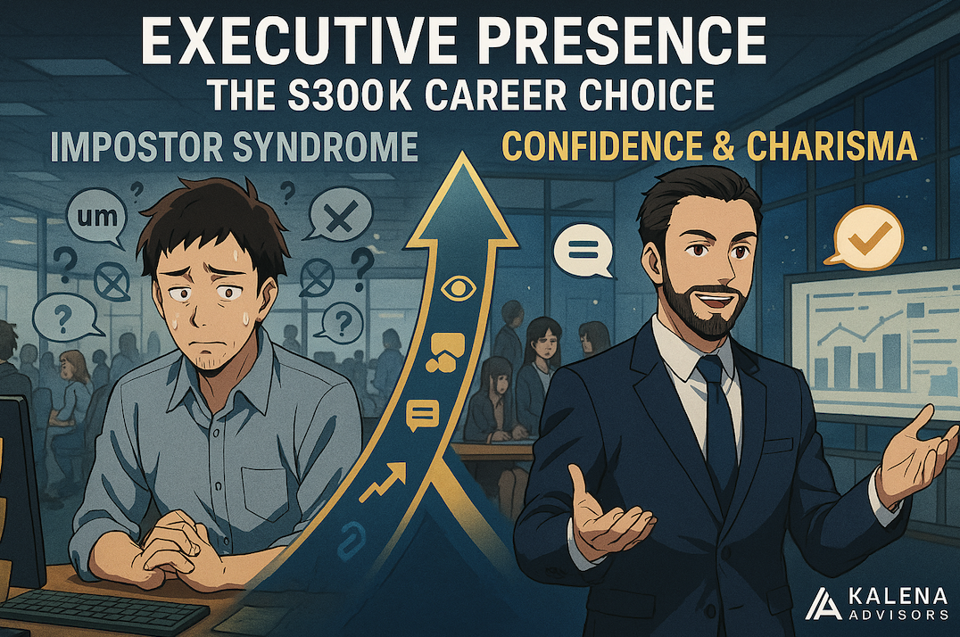 Anime-style illustration showing career transformation from impostor syndrome to executive presence and leadership confidence