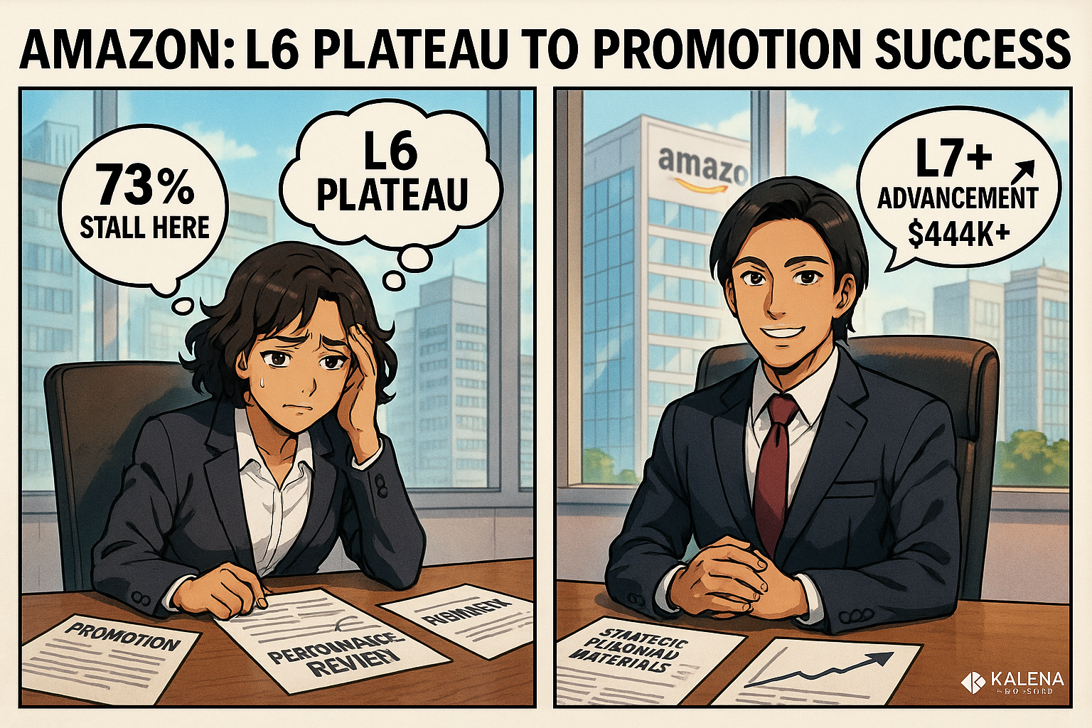Anime-style illustration showing Amazon PM career progression from L6 plateau to L7+ advancement, featuring frustrated professional on left versus confident executive on right with salary increase to $444K+