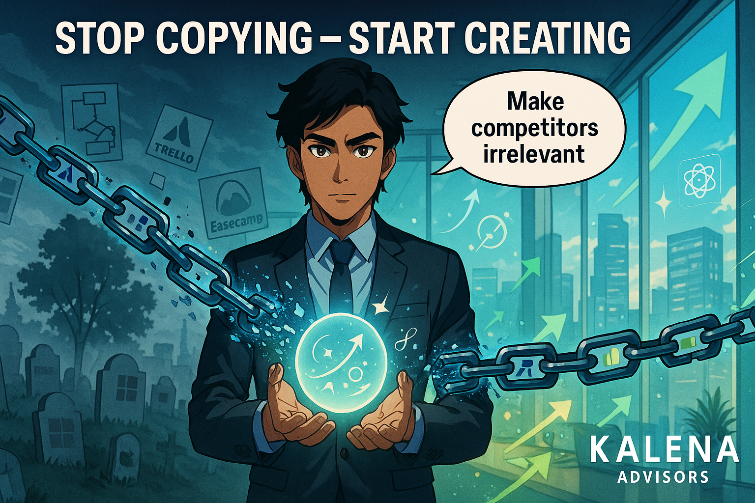 Professional anime illustration showing product manager breaking free from copycat frameworks like CIRCLES to create strategic innovation, representing Kalena Advisors' approach to FAANG interview coaching and executive product management development